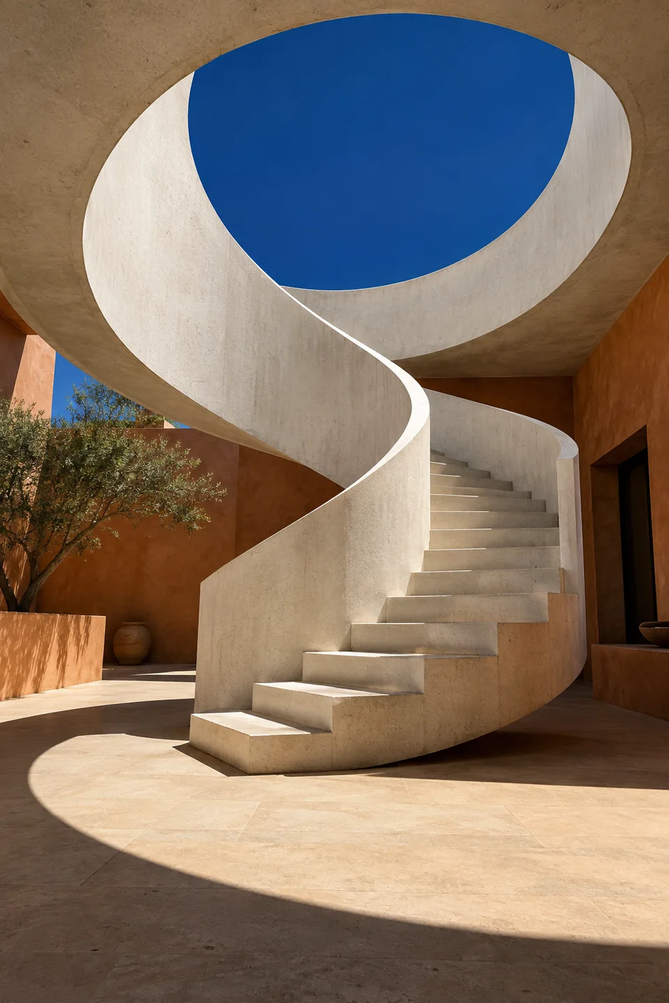 AI-generated architectural study of curved white stairs against a blue sky